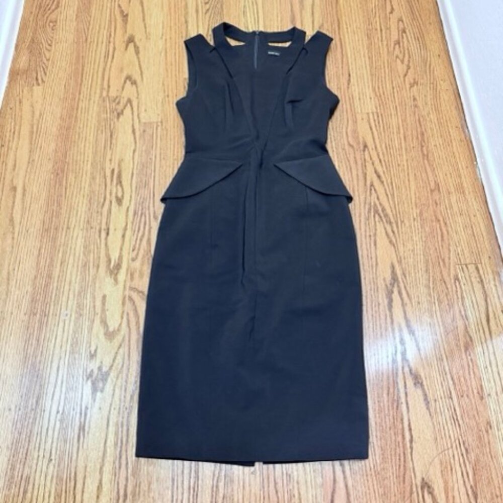 Karen Millen black sheath dress with cutout neckline and hip accents, Size 6